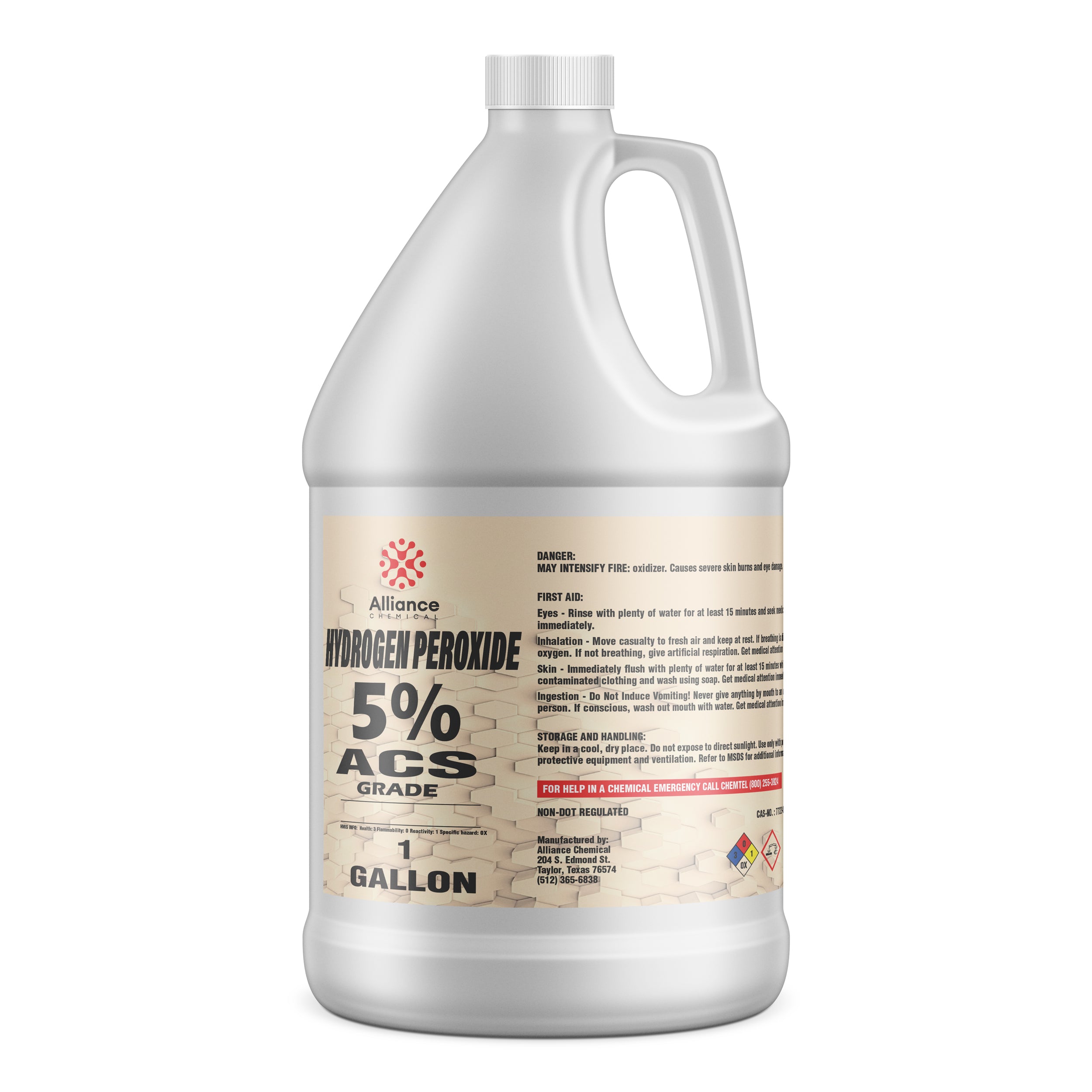 One-gallon HDPE bottle of 5% ACS-grade hydrogen peroxide by Alliance Chemical, featuring safety warnings, first aid instructions, and NFPA hazard diamond.